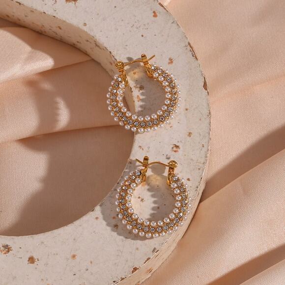 Zircon & Imitation Pearl Hoop Earrings 18K Gold Plated Stainless Steel - Picture 8 of 9